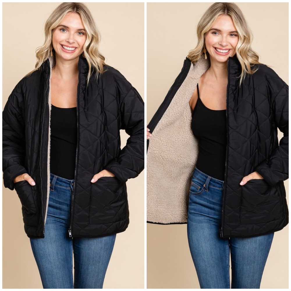 JODIFL Black Sherpa Lined Quilted Jacket